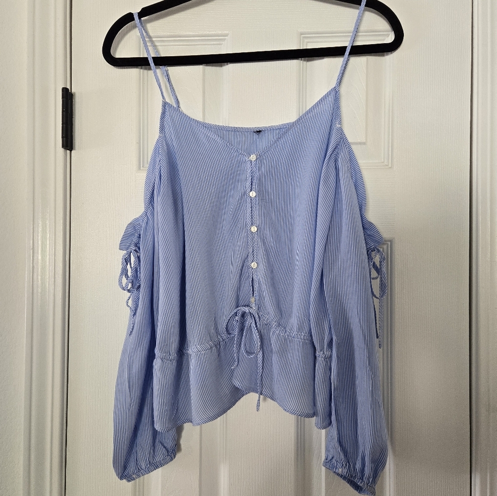 H&M Relaxed Cold Shoulder Blue Buttoned Blouse